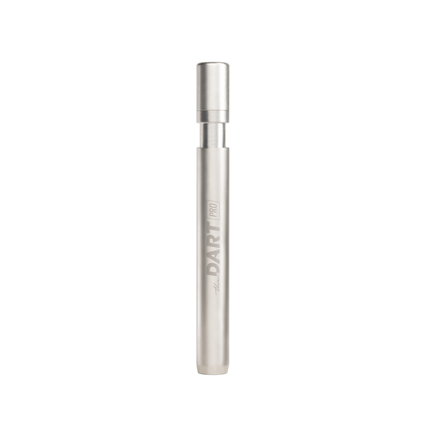 Dart pro titanium pipe - a titanium weed pipe in silver that is thicker than a standard one hitter and has the dart logo on the side